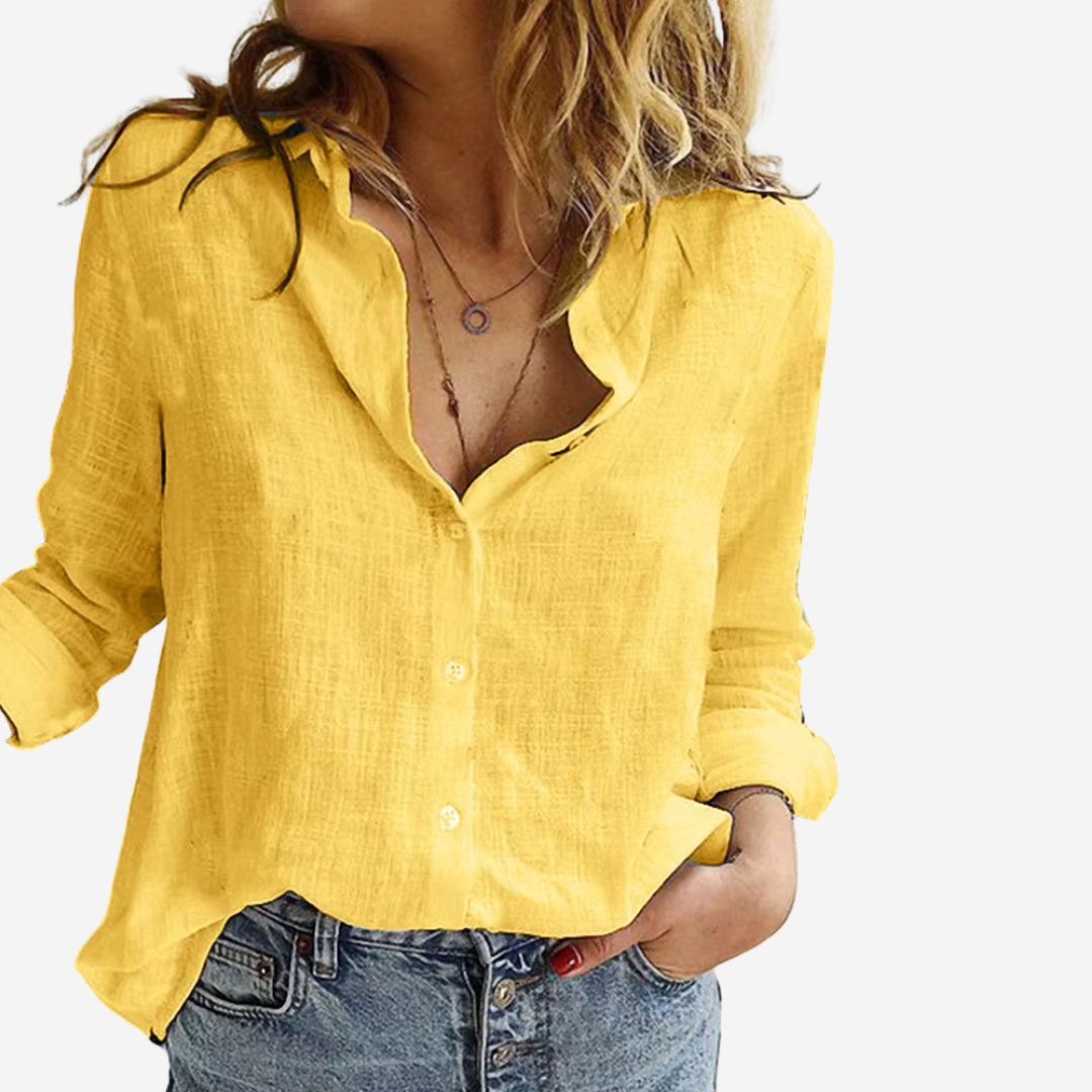 Chic Women's Linen-Blend Button-Front Blouse with Roll-Tab Sleeves