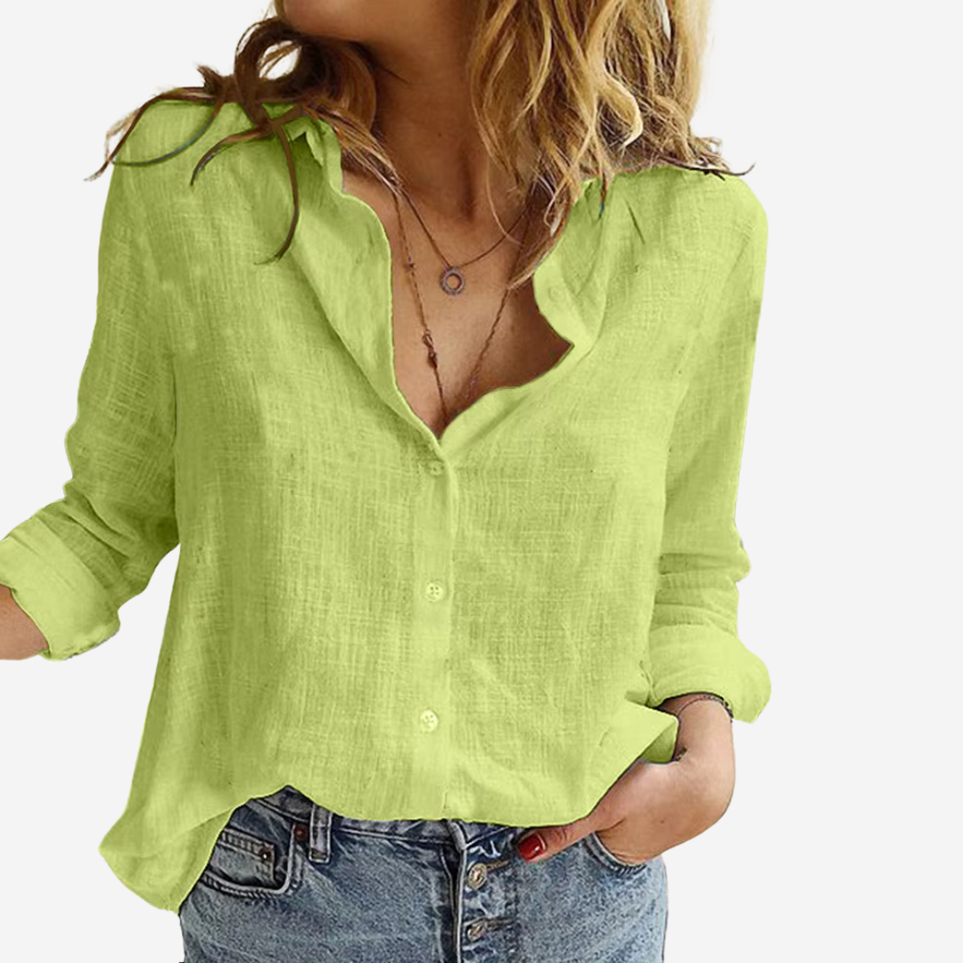 Chic Women's Linen-Blend Button-Front Blouse with Roll-Tab Sleeves