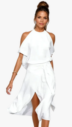 Elegant Halter-Neck Midi Dress with Cold-Shoulder Sleeves for Women