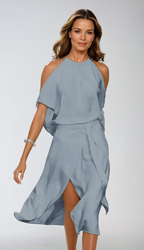 Elegant Halter-Neck Midi Dress with Cold-Shoulder Sleeves for Women