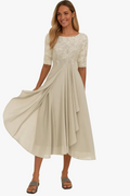 Chic Women's Lace Bodice Midi Dress with Sheer Elbow Sleeves