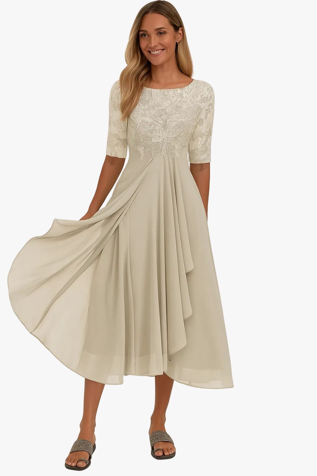 Chic Women's Lace Bodice Midi Dress with Sheer Elbow Sleeves