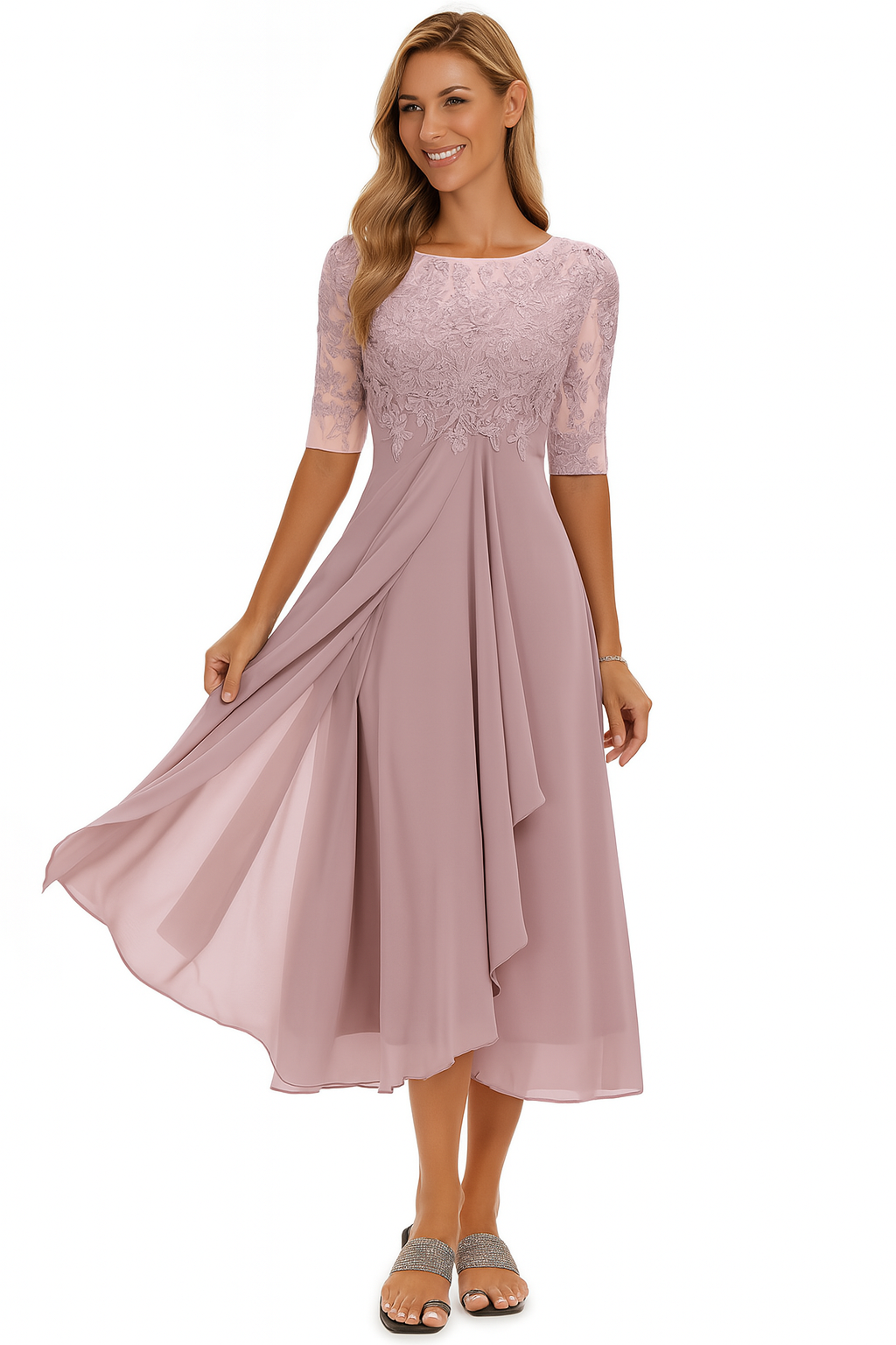 Chic Women's Lace Bodice Midi Dress with Sheer Elbow Sleeves