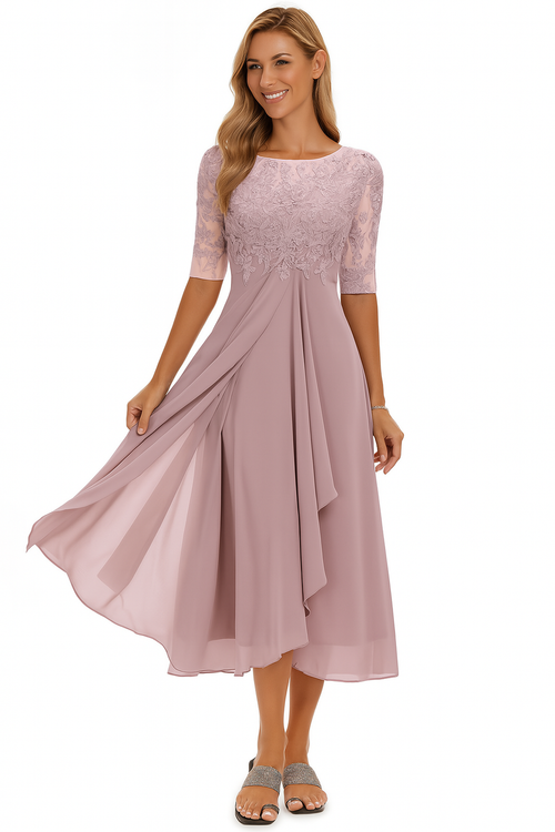 Chic Women's Lace Bodice Midi Dress with Sheer Elbow Sleeves