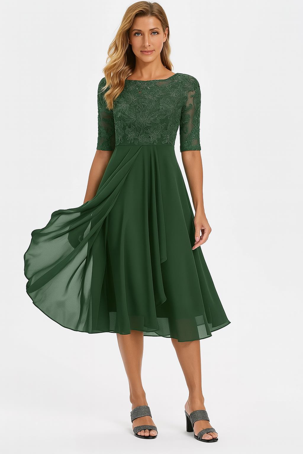 Chic Women's Lace Bodice Midi Dress with Sheer Elbow Sleeves