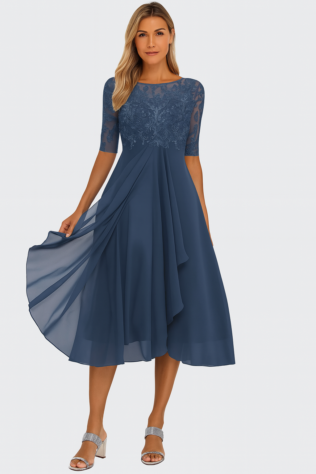 Chic Women's Lace Bodice Midi Dress with Sheer Elbow Sleeves