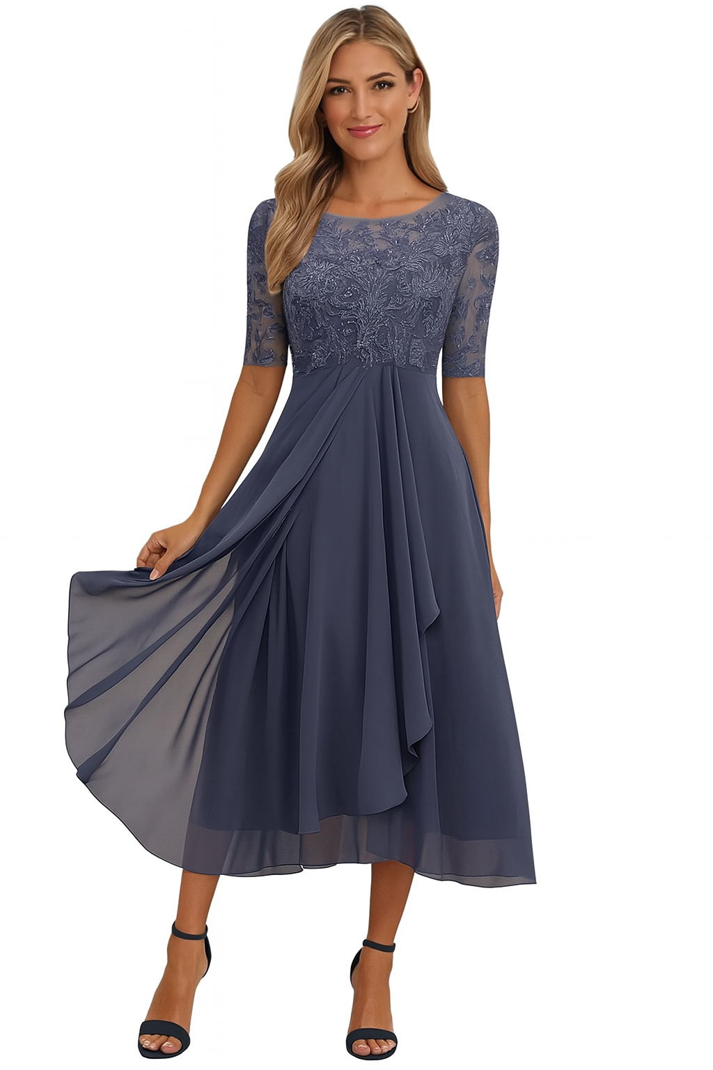 Chic Women's Lace Bodice Midi Dress with Sheer Elbow Sleeves