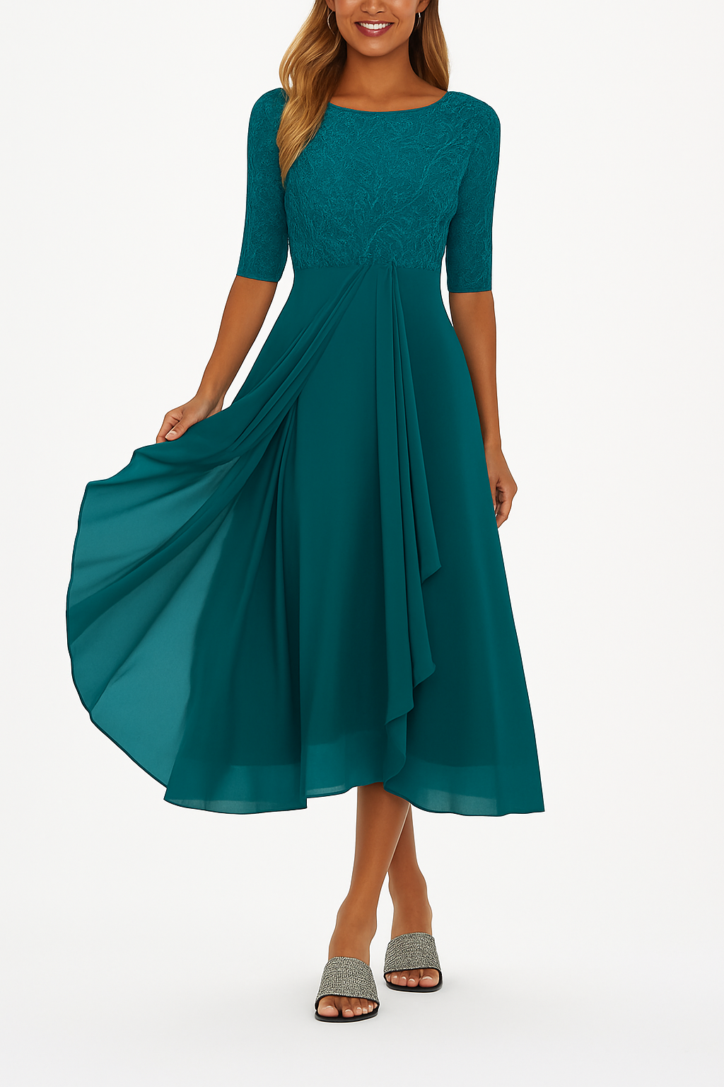 Chic Women's Lace Bodice Midi Dress with Sheer Elbow Sleeves