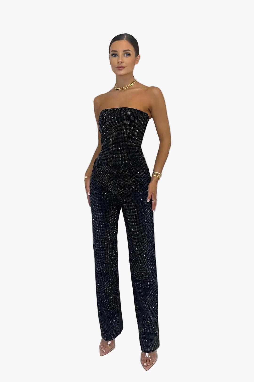 Women's Strapless Denim Jumpsuit with Rhinestone Embellishments and Convenient Pockets