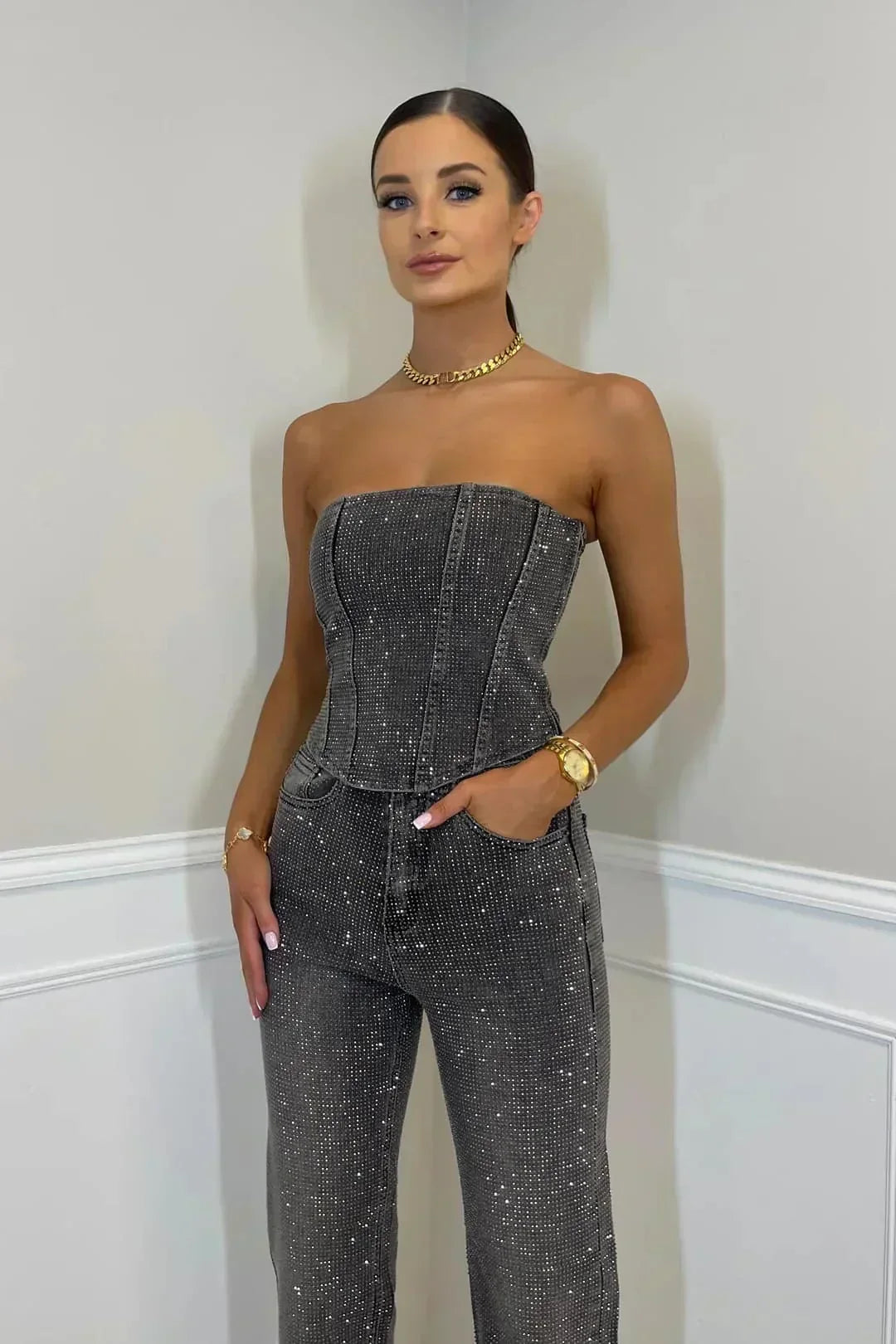 Women's Strapless Denim Jumpsuit with Rhinestone Embellishments and Convenient Pockets
