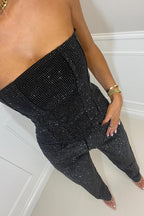 Women's Strapless Denim Jumpsuit with Rhinestone Embellishments and Convenient Pockets
