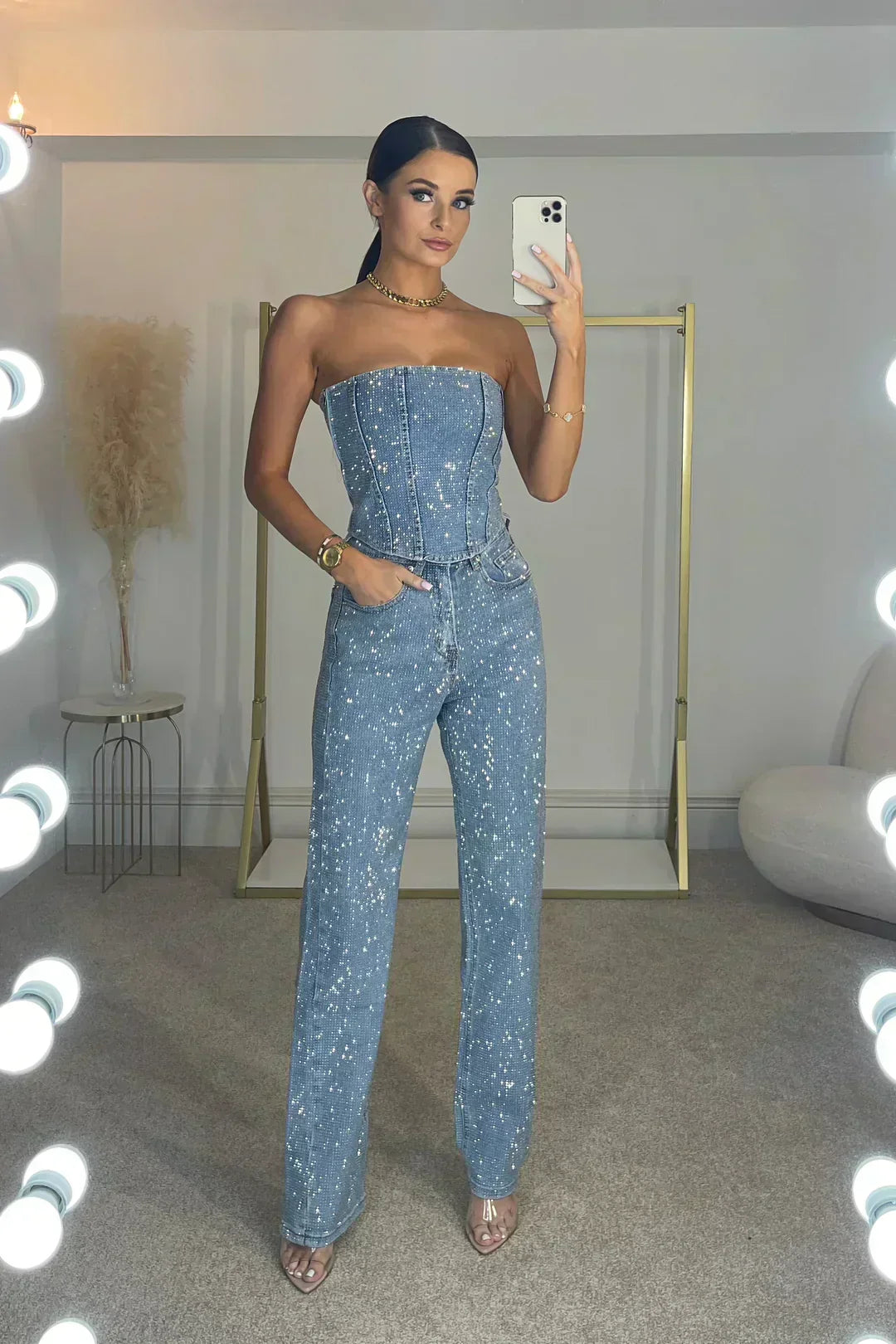 Women's Strapless Denim Jumpsuit with Rhinestone Embellishments and Convenient Pockets