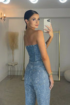 Women's Strapless Denim Jumpsuit with Rhinestone Embellishments and Convenient Pockets