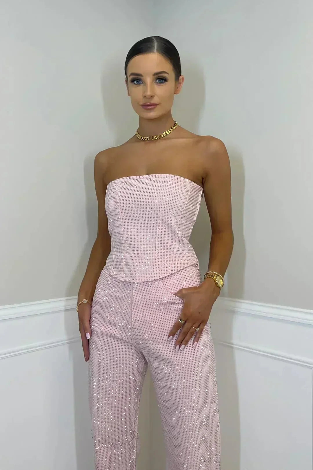 Women's Strapless Denim Jumpsuit with Rhinestone Embellishments and Convenient Pockets