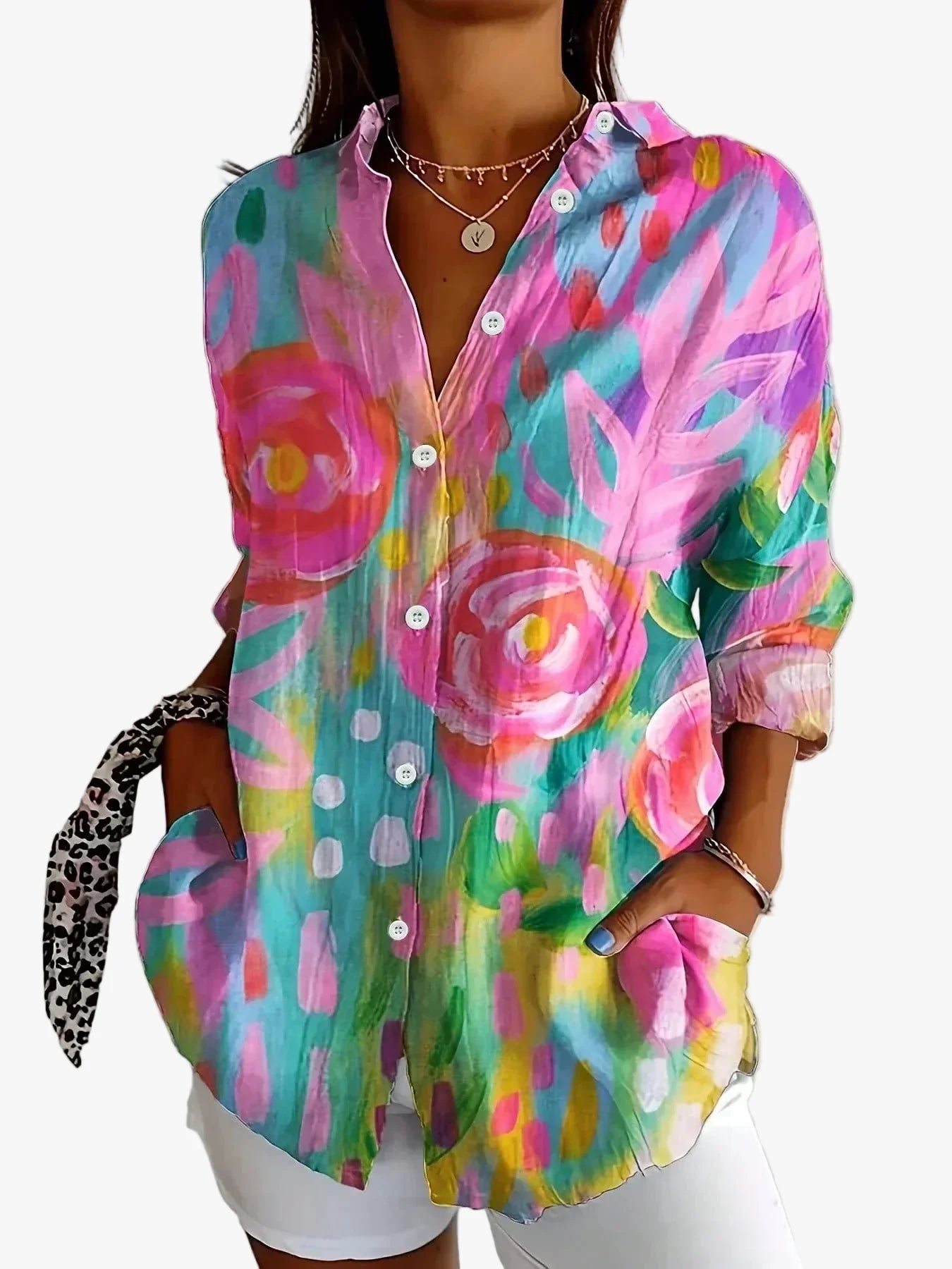 Chic Women's Printed Woven Blouse with Button-Front and Roll-Tab Sleeves