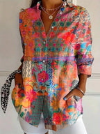 Chic Women's Printed Woven Blouse with Button-Front and Roll-Tab Sleeves