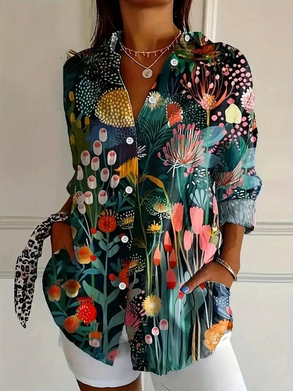 Chic Women's Printed Woven Blouse with Button-Front and Roll-Tab Sleeves