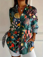 Chic Women's Printed Woven Blouse with Button-Front and Roll-Tab Sleeves