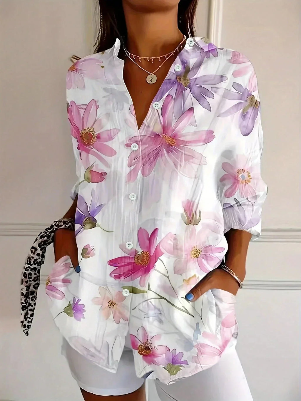 Chic Women's Printed Woven Blouse with Button-Front and Roll-Tab Sleeves