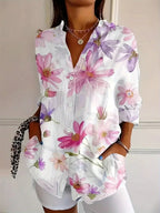 Chic Women's Printed Woven Blouse with Button-Front and Roll-Tab Sleeves