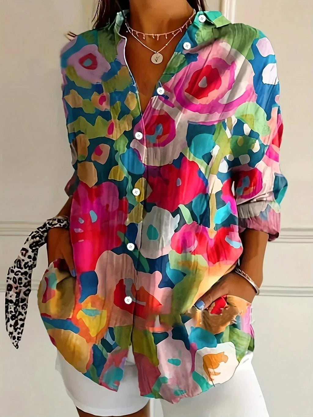 Chic Women's Printed Woven Blouse with Button-Front and Roll-Tab Sleeves