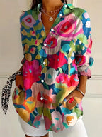 Chic Women's Printed Woven Blouse with Button-Front and Roll-Tab Sleeves