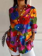 Chic Women's Printed Woven Blouse with Button-Front and Roll-Tab Sleeves