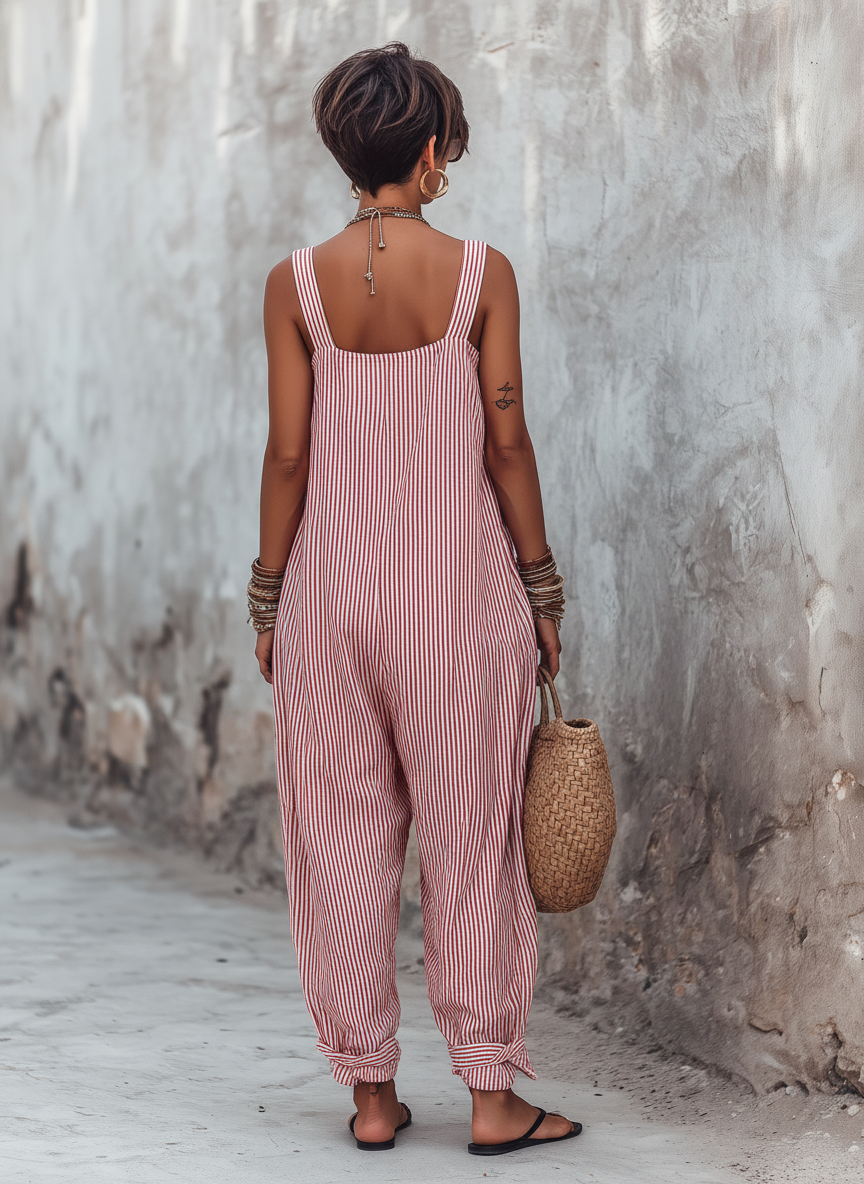 Zaida Striped Square-Neck Sleeveless Jumpsuit – Effortless Chic